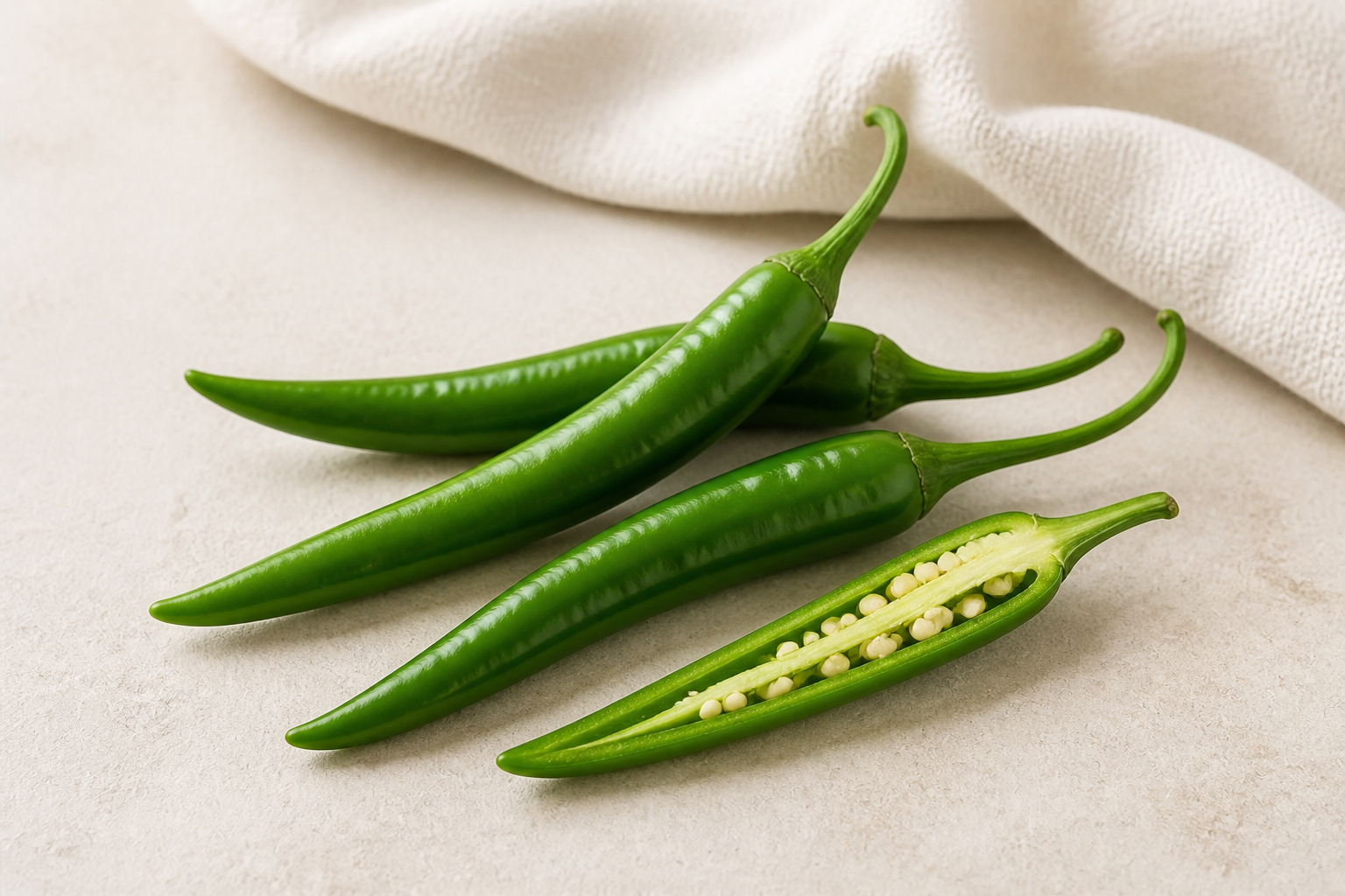 Mehrere frische grüne Chilischoten auf hellem Stein, eine längs geöffnet mit sichtbaren Samen