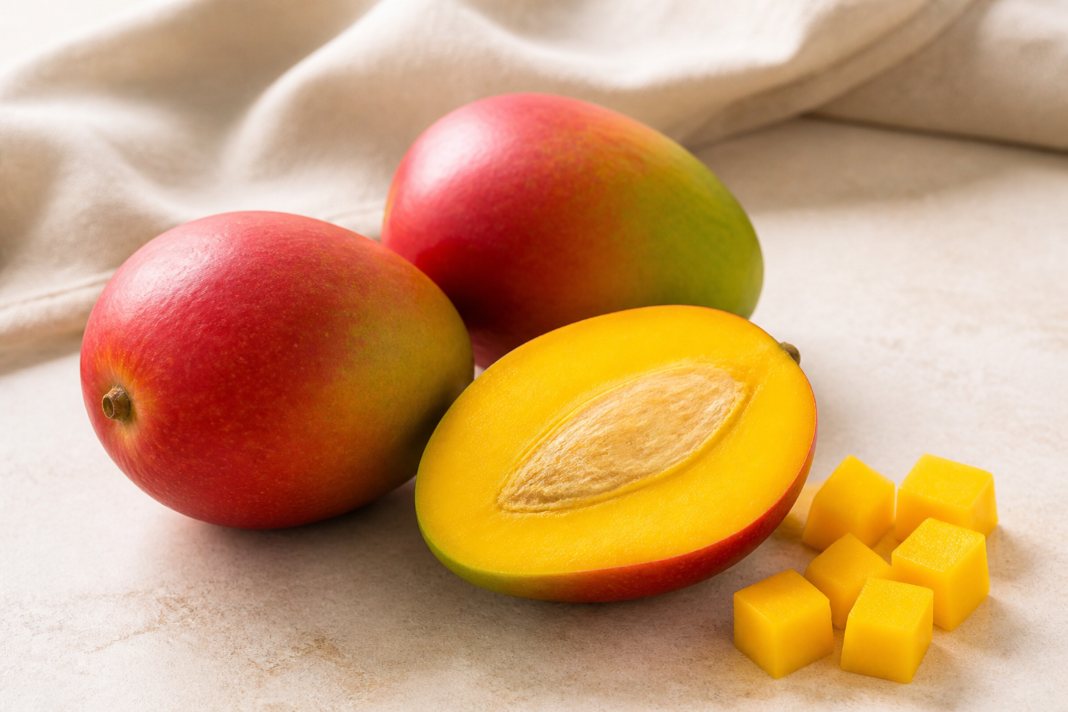 Reife Mangos, eine halbierte Frucht mit Kern und goldgelbe Mangowürfel auf hellem Untergrund