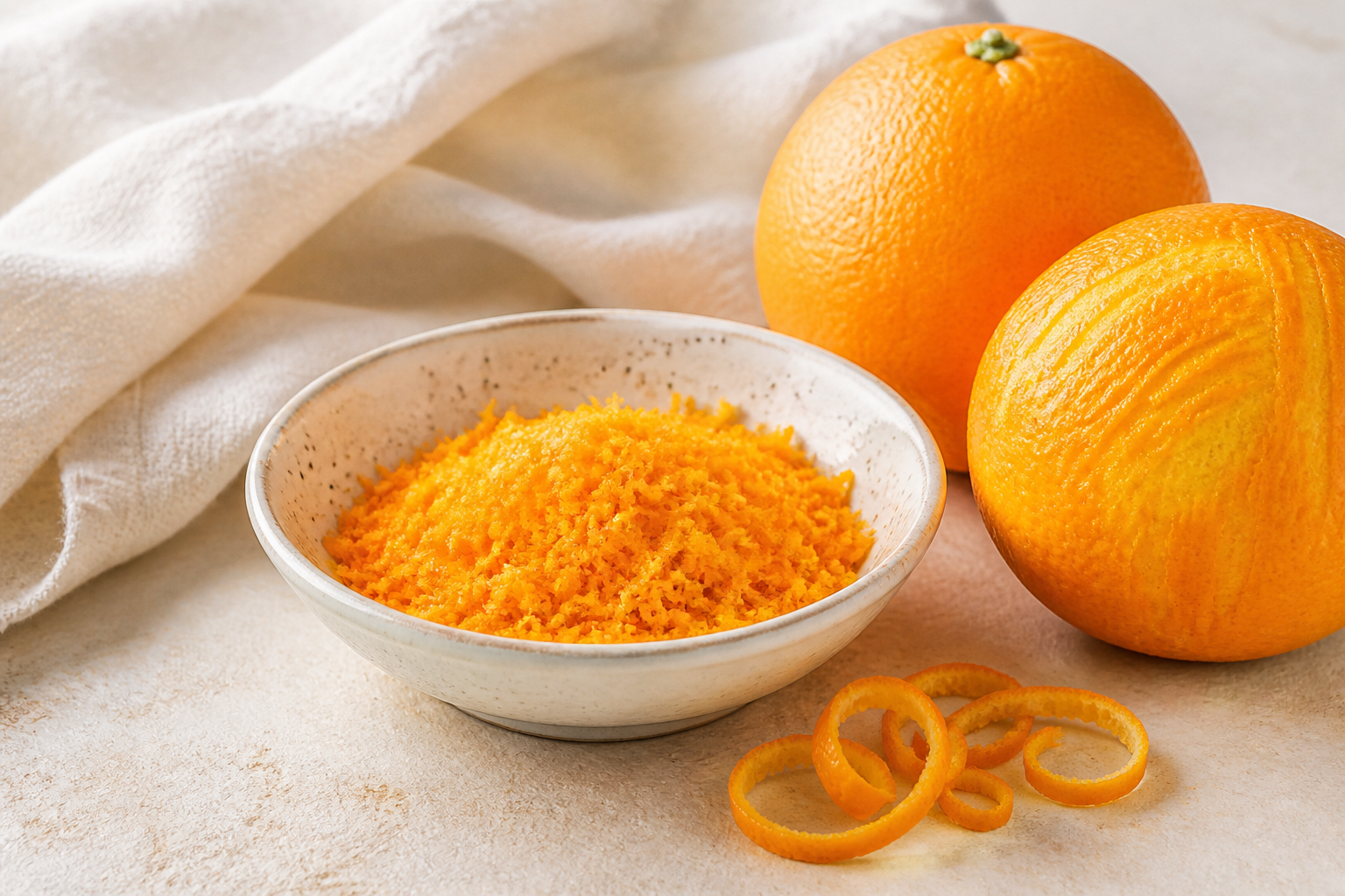 Fein geriebene Orangenschale in einer hellen Keramikschale neben einer ganzen und einer teilweise abgeriebenen Orange