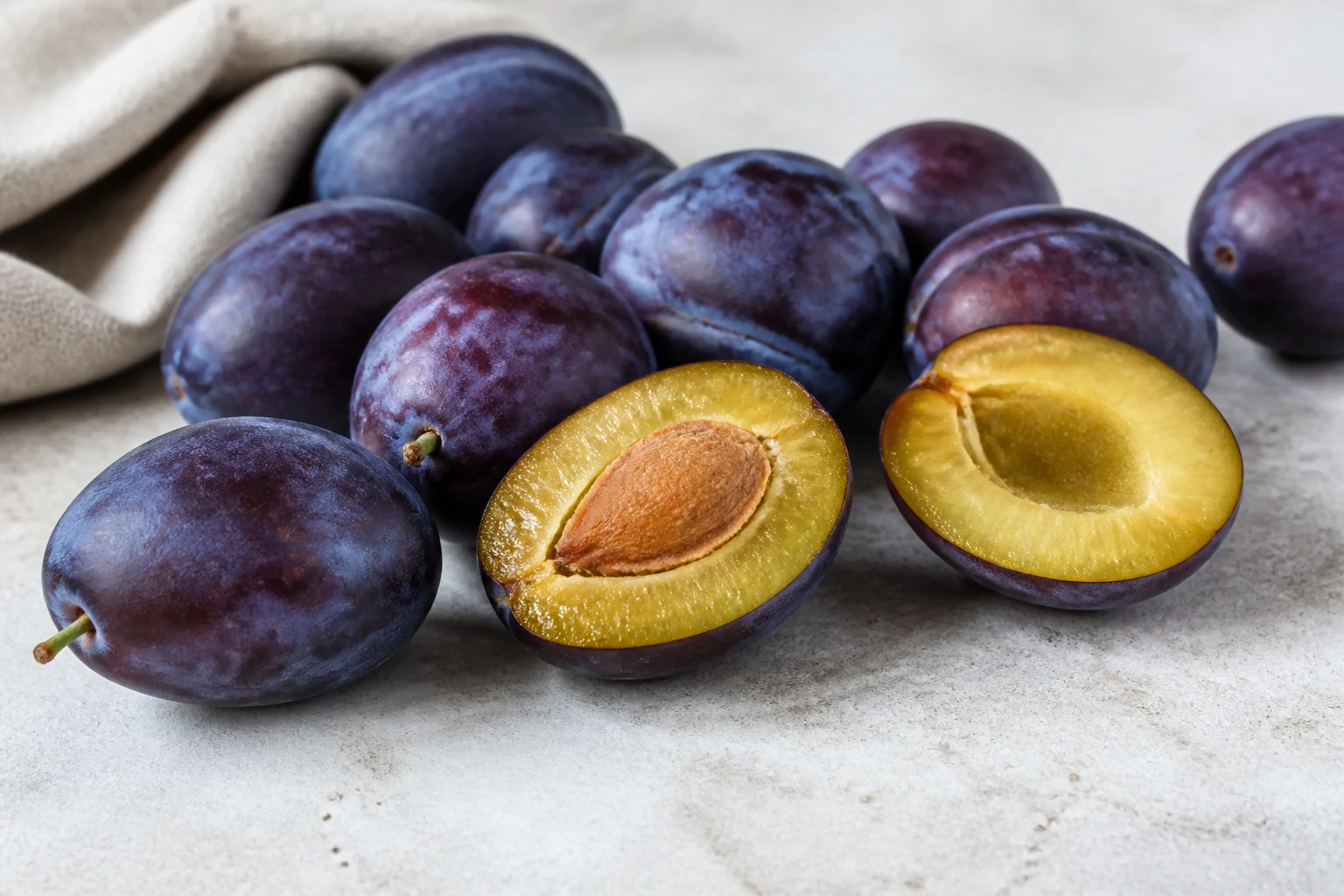 Reife violette Pflaumen, teils halbiert und mit sichtbarem Stein