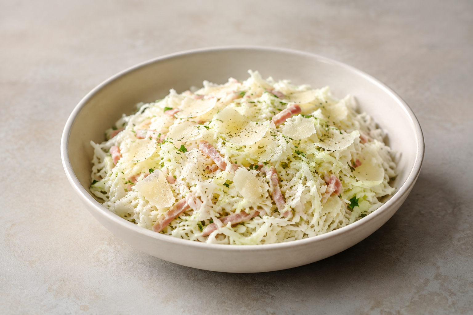 Coleslaw mit Pecorino und Schinken