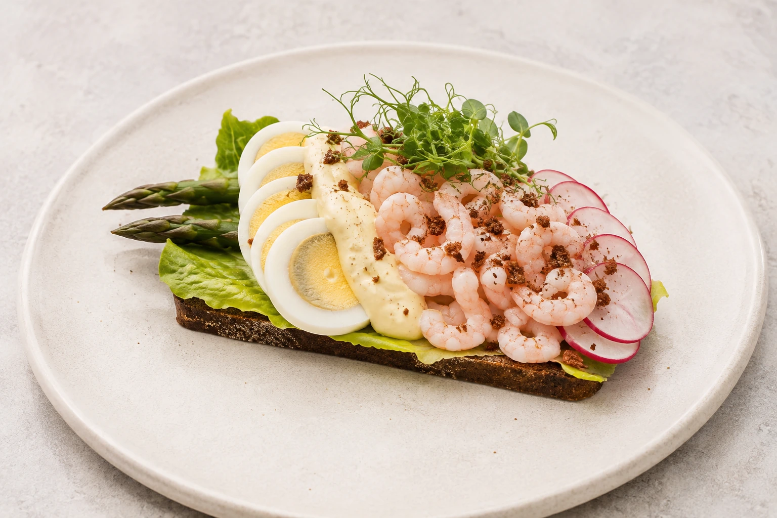 Ei-Garnelen-Smørrebrød mit Zitronenmayonnaise und Radieschen