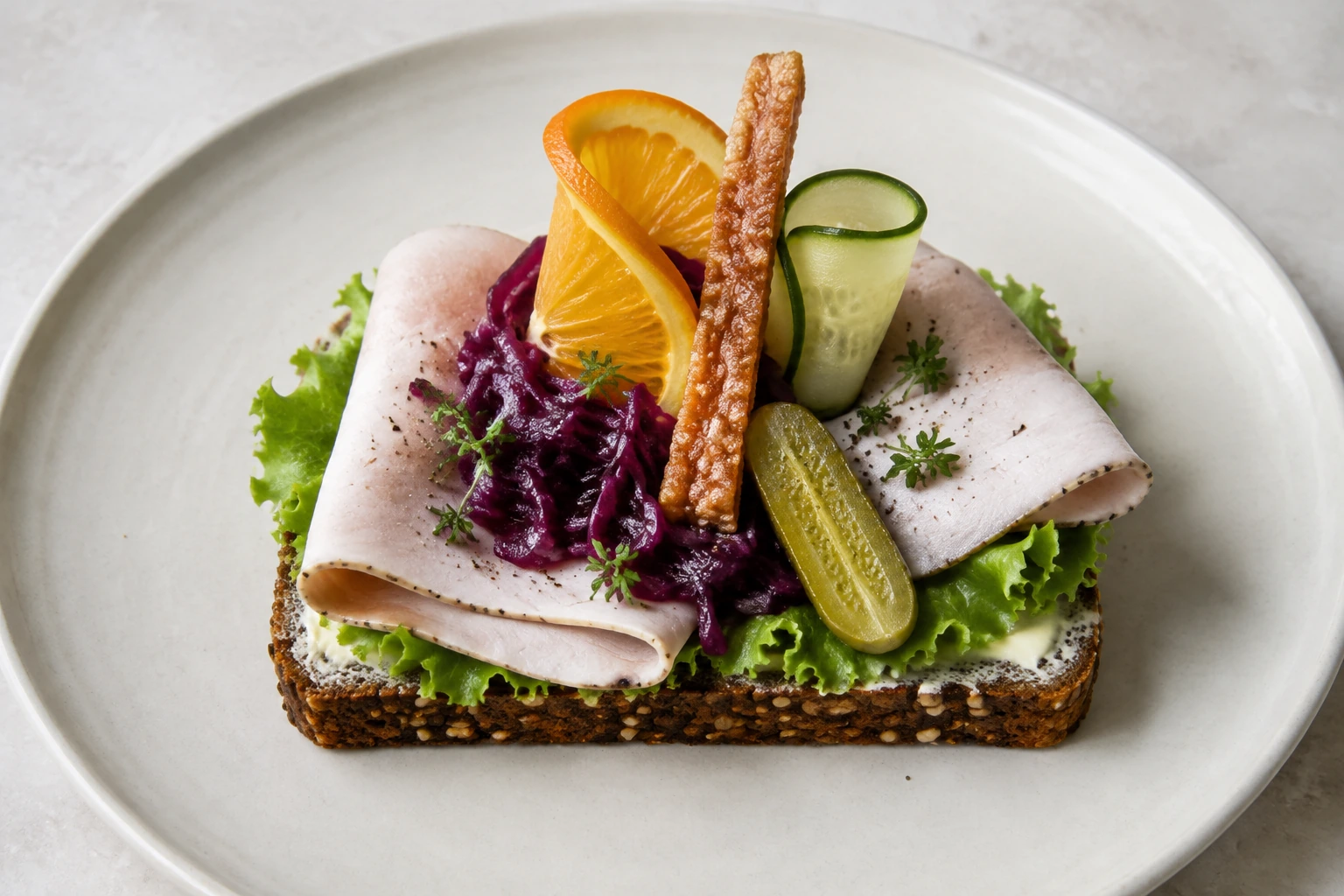 Kammbraten-Smørrebrød mit Rotkohl, Orange und Schweineschwarte