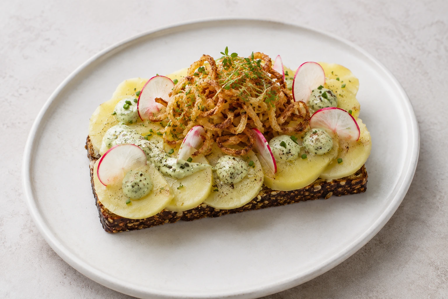Kartoffel-Smørrebrød mit Kräutermayonnaise und knusprigen Zwiebeln
