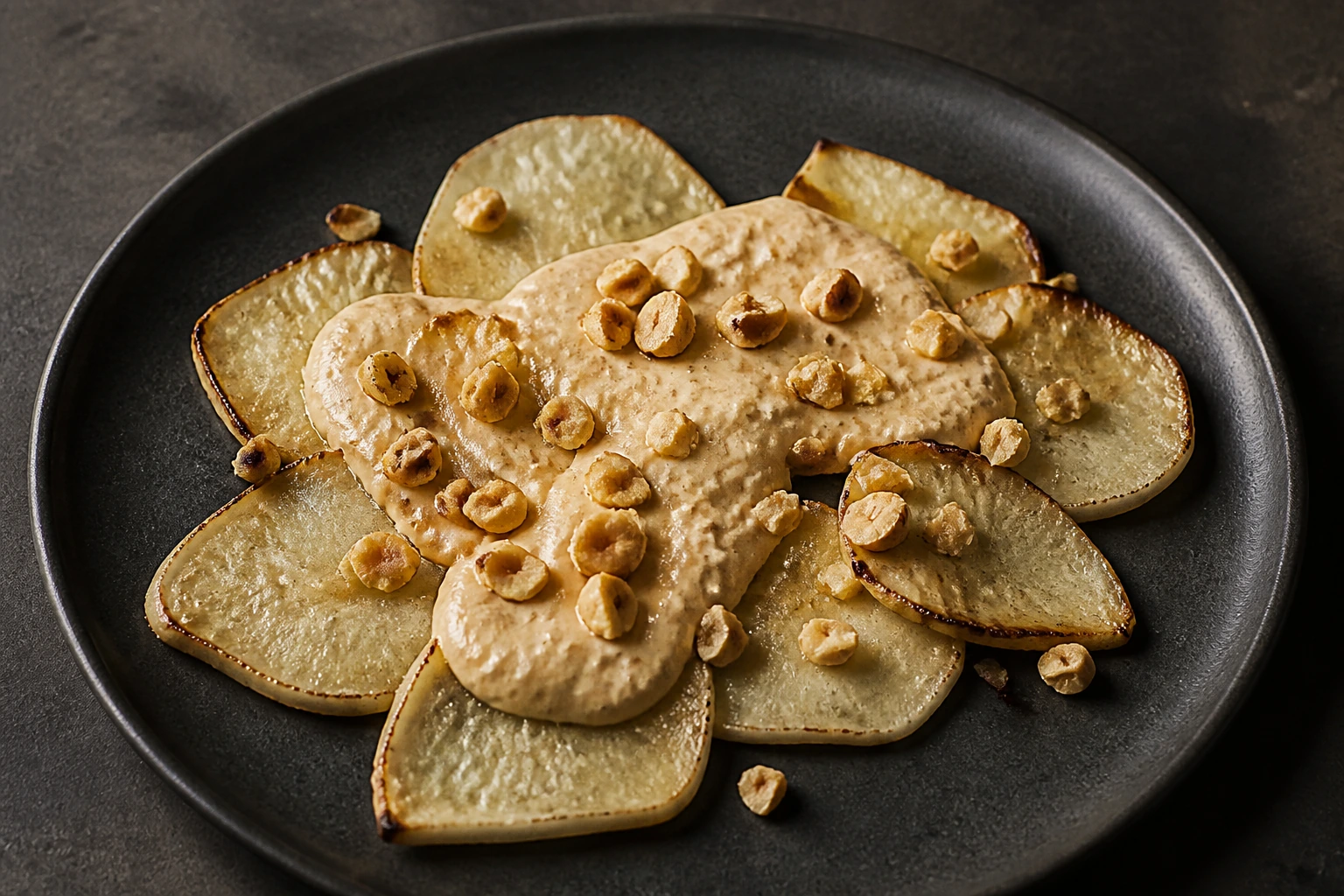 Knollensellerie mit Haselnuss, Miso und Meerrettich