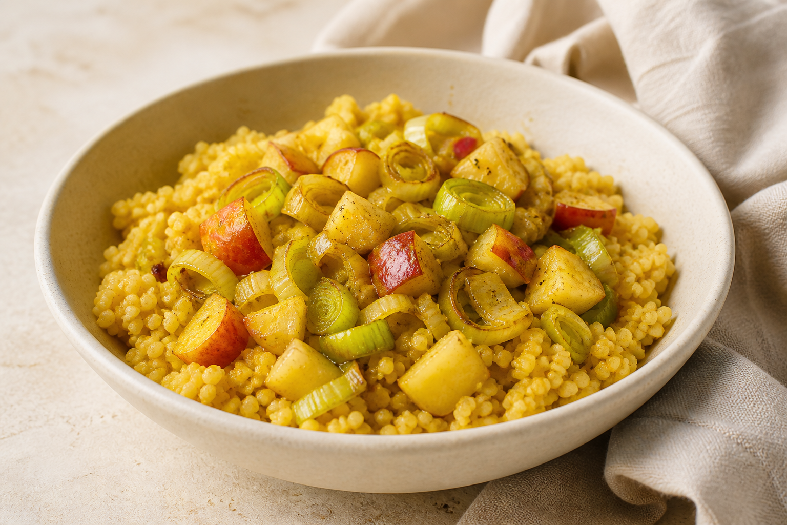 Lauch-Apfel-Honig-Curry mit Hirse