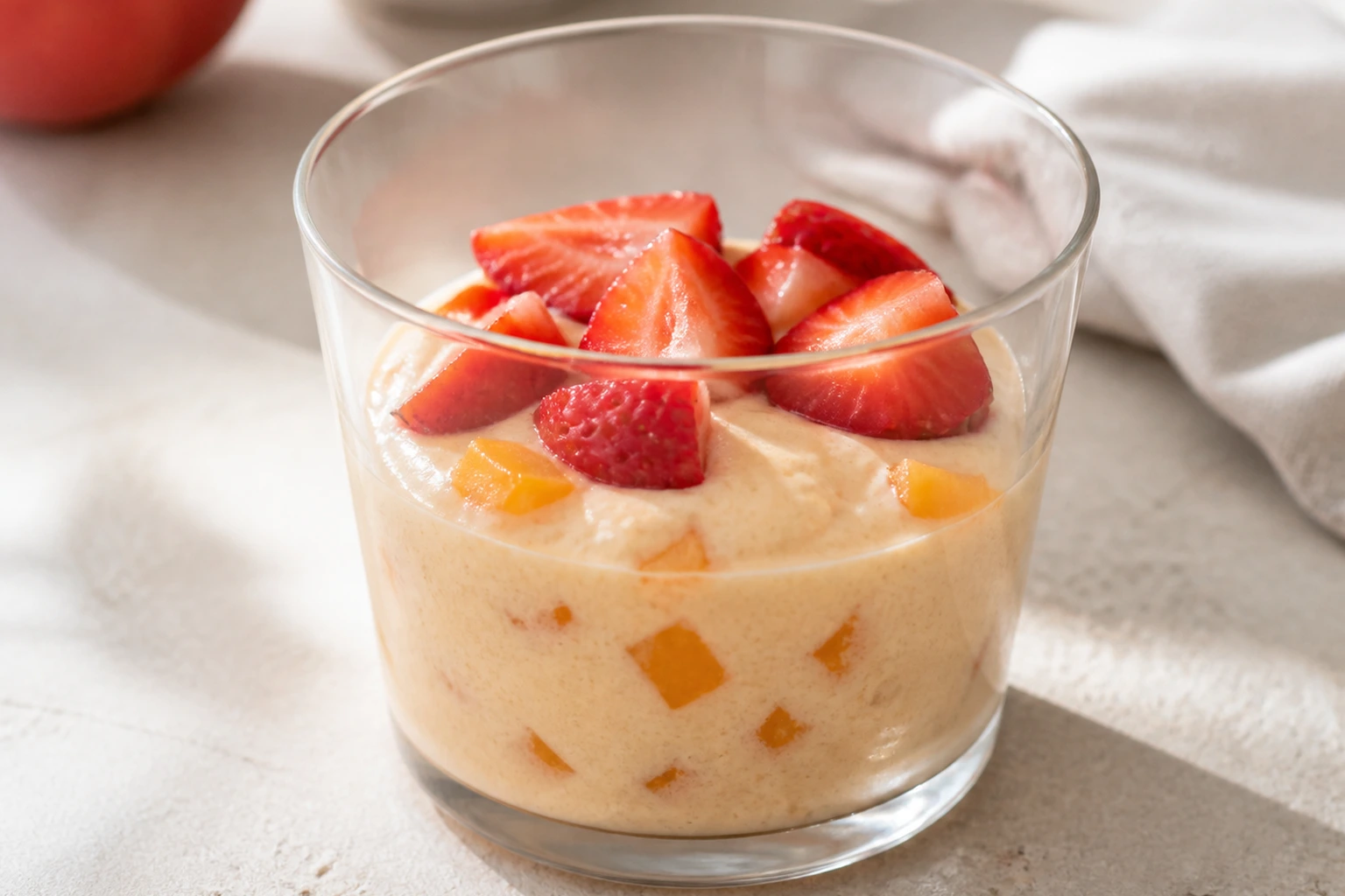 Buttermilch-Pfirsichcreme mit frischen Erdbeeren