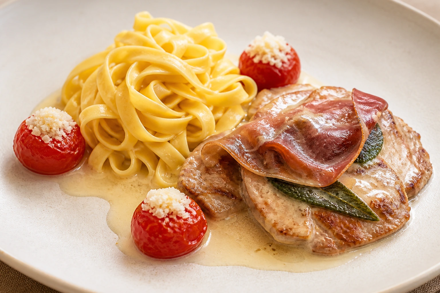 Saltimbocca a la Romana mit Tagliatelle, geschmolzenen Tomaten und Weißweinsauce