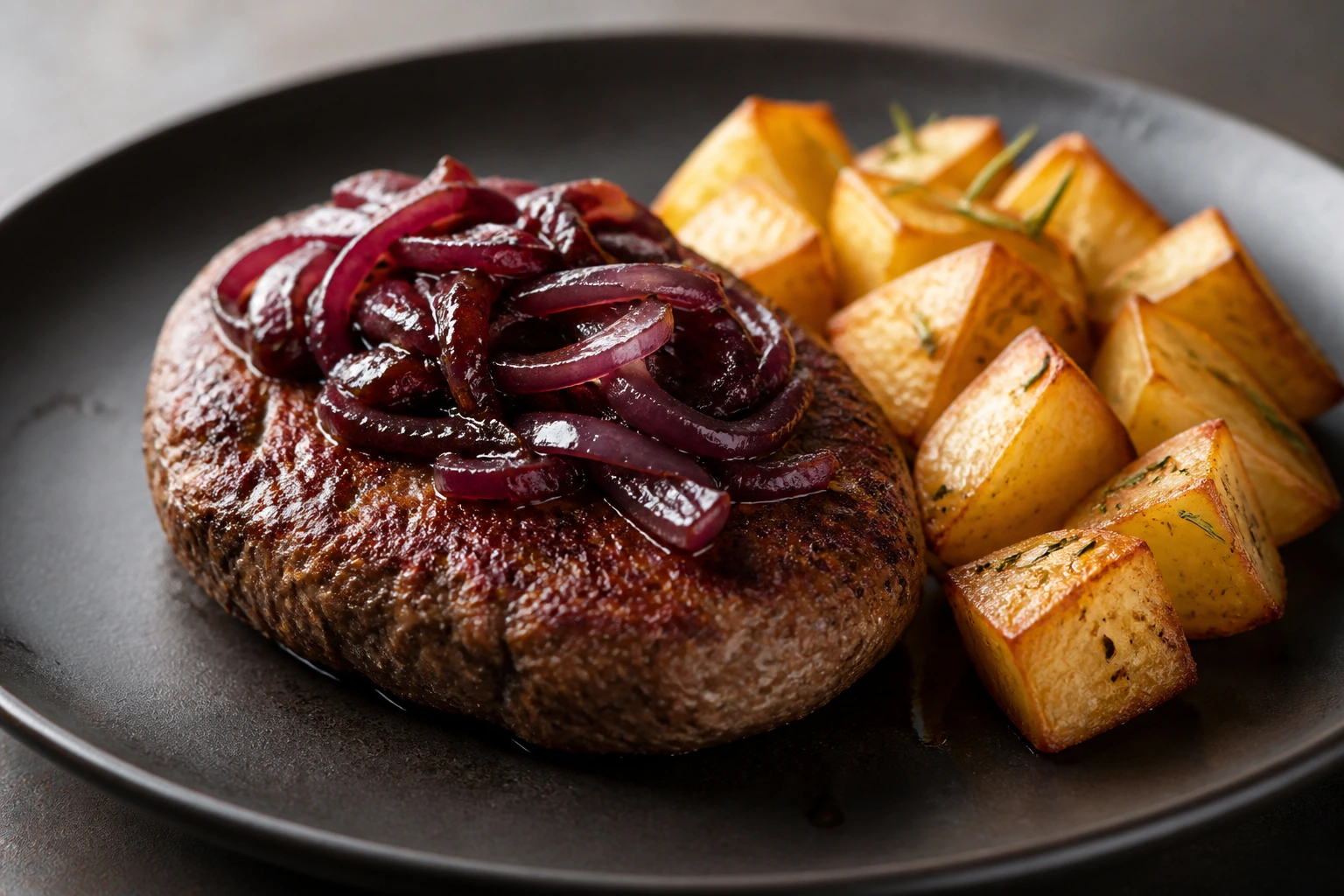 Deutsches Beefsteak mit karamellisierten Rotweinzwiebeln und Röstkartoffeln