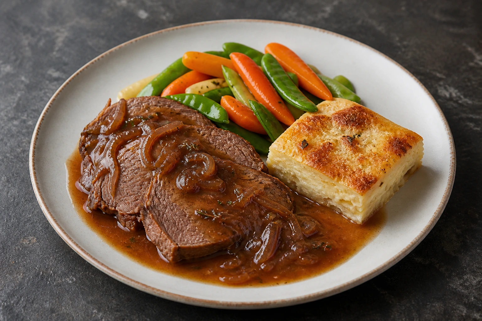 Zwiebelrostbraten vom Rind mit glaciertem Gemüse und Pastinaken-Kartoffelgratin