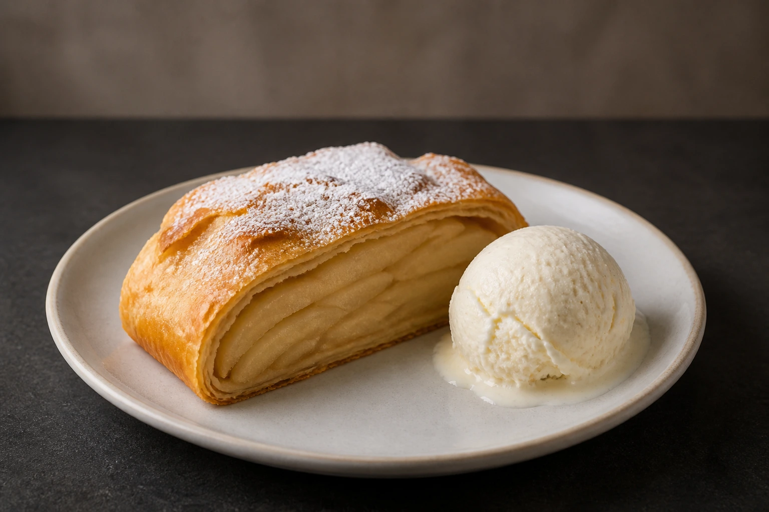 Birnenstrudel mit weißem Schokoladeneis