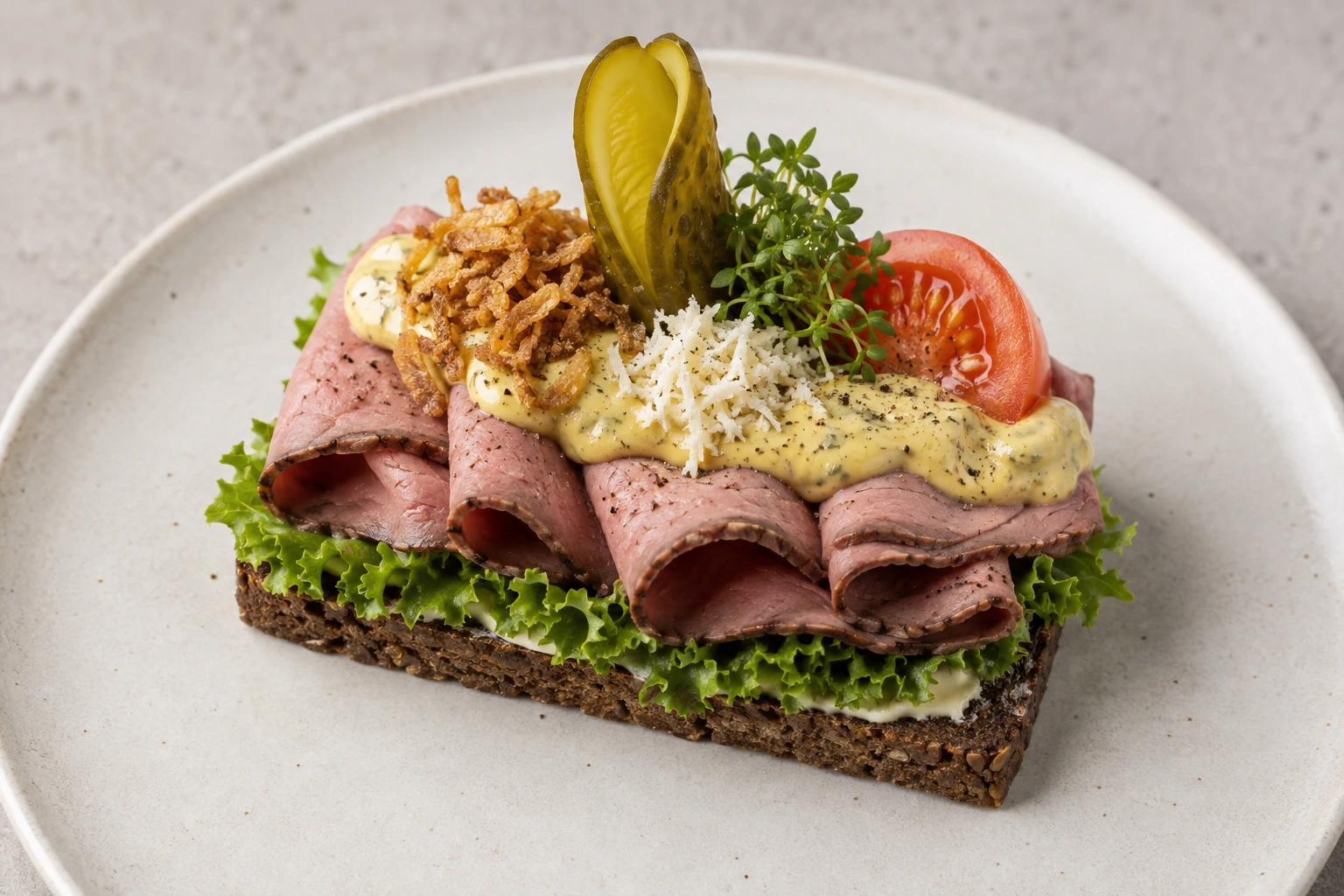 Roastbeef-Smørrebrød mit Remoulade und Röstzwiebeln
