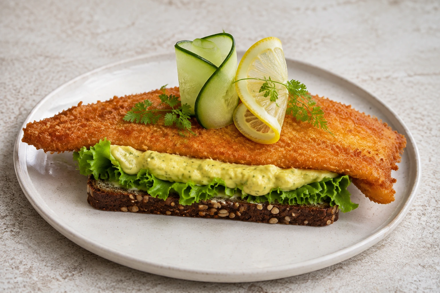 Smørrebrød mit buttergebratenem Schollenfilet und Remoulade