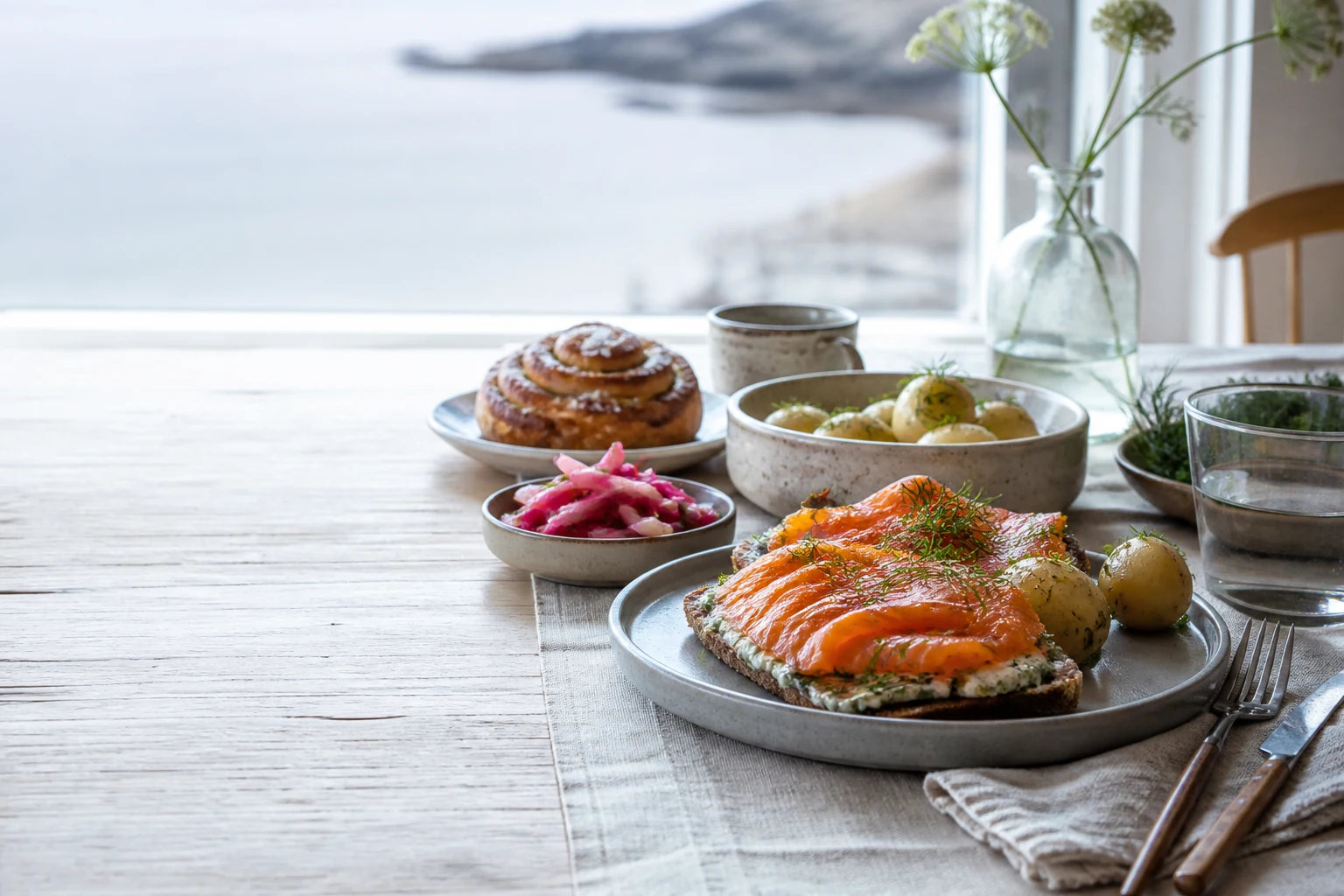 Nordischer Mittagstisch mit Gravlachs, Roggenbrot, Kartoffeln, Dill und Zimtgebäck
