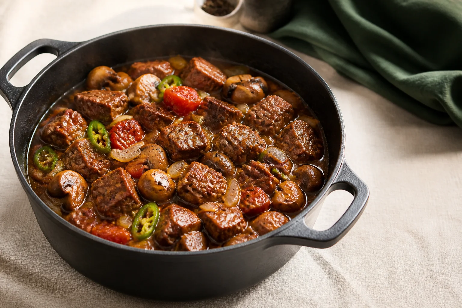 Pfeffer-Rinderlenden-Kasserolle mit Champignons, Tomaten und grüner Chili