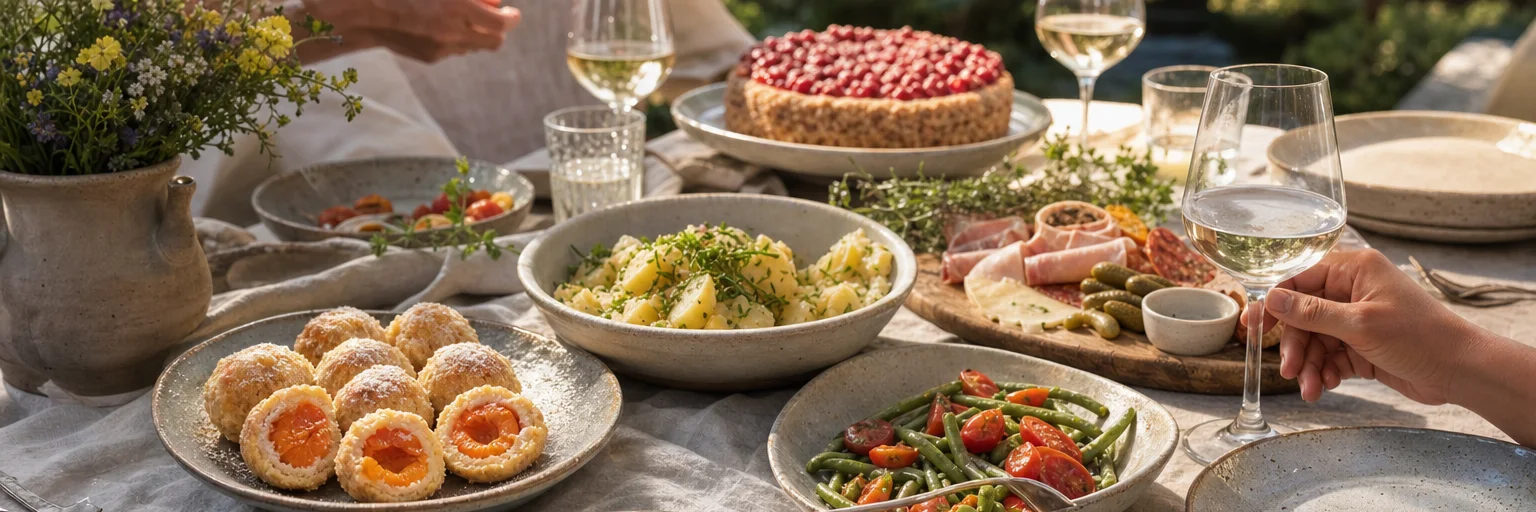 Österreichische Sommertafel mit Marillenknödeln, Erdäpfelsalat, Paradeisern und Ribiselkuchen