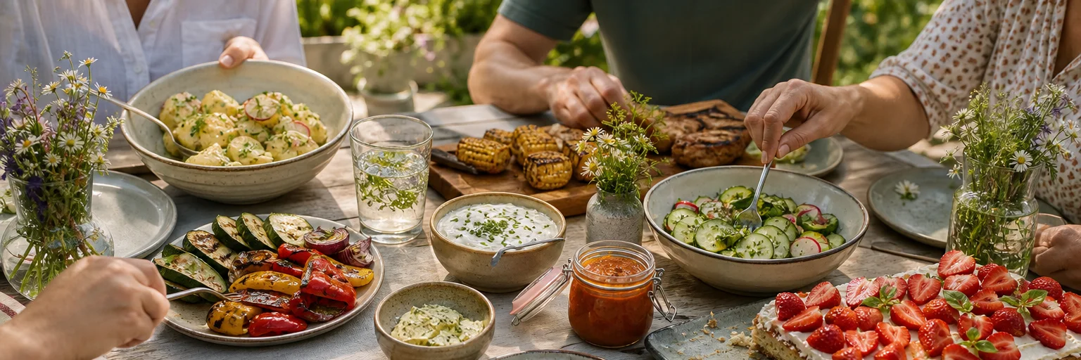Familie teilt Kartoffelsalat, Grillgemüse und Erdbeerkuchen an einem hellen Gartentisch