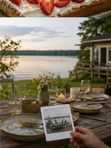 Gedeckter Tisch nach einem Essen am See mit Erinnerungsfoto