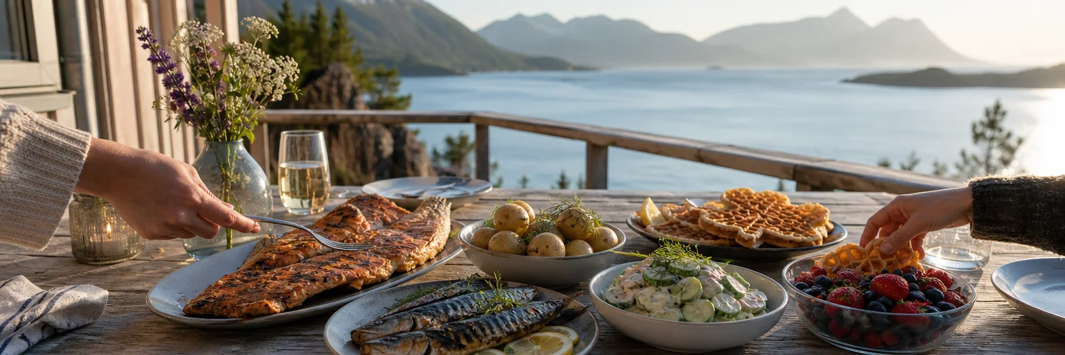 Sommerbord ved en norsk hytte med grillet laks, makrell, nypoteter, agurksalat, bær og vafler