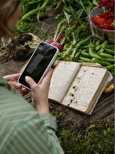 Old family cookbook recipe photographed beside allotment produce