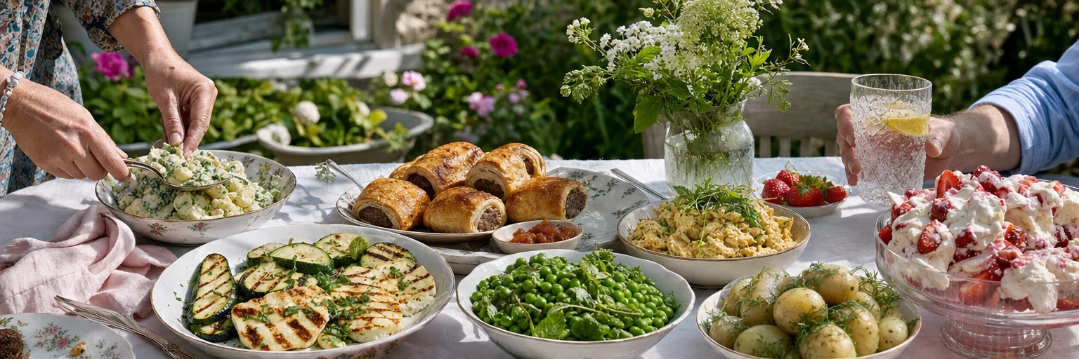 British garden lunch with sausage rolls, potato salad, grilled halloumi, peas, strawberries and Eton mess
