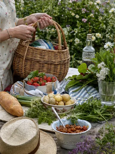 Picnic basket and ingredients being organised for a garden lunch