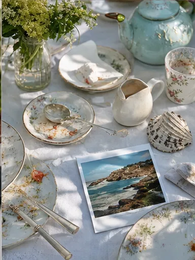 Porcelain table after a summer meal with a small holiday photograph