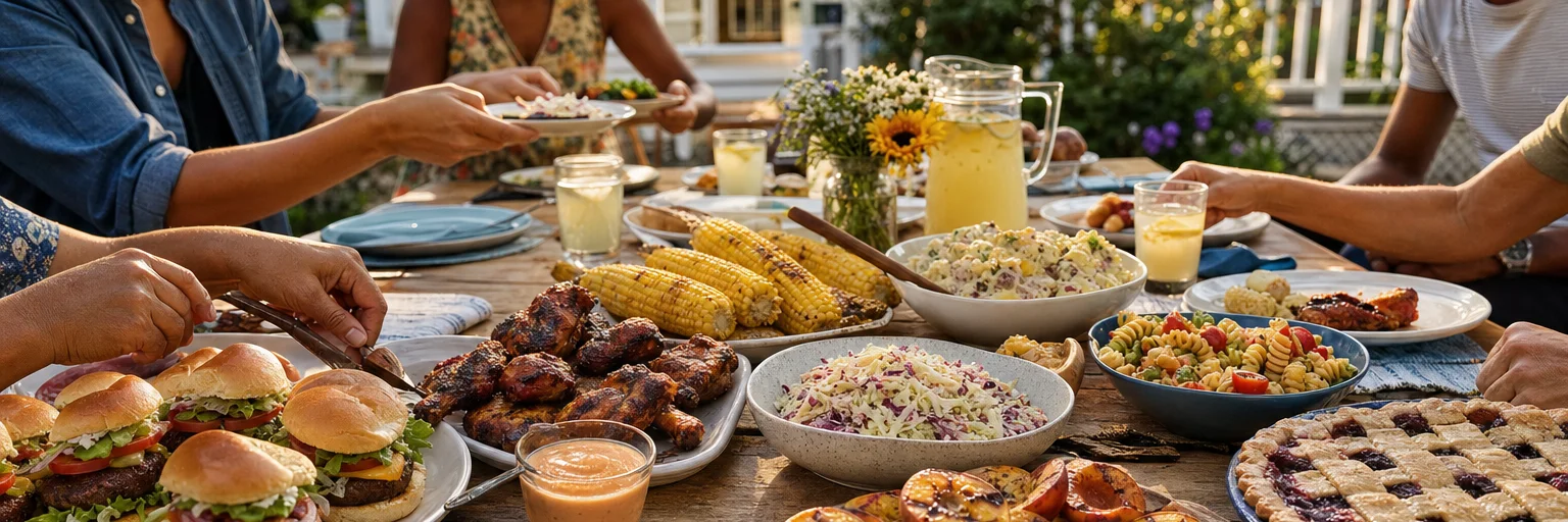 American backyard cookout with burgers, barbecue chicken, corn, coleslaw, grilled peaches and berry pie