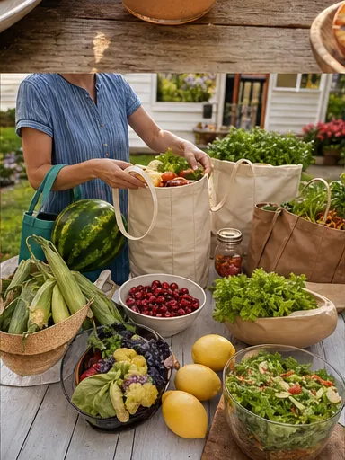 Grocery bags and ingredients arranged for a neighborhood potluck