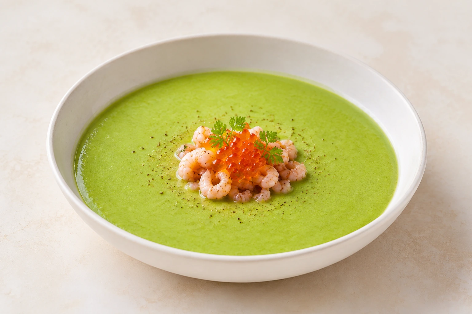 Erbsencrèmesuppe mit Krabben