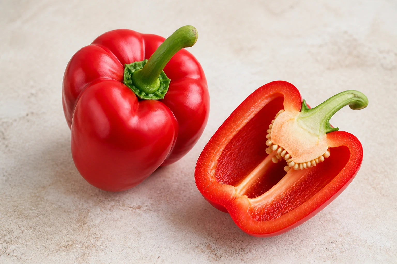 Rote Paprika in einer hellen redaktionellen Zutatenaufnahme