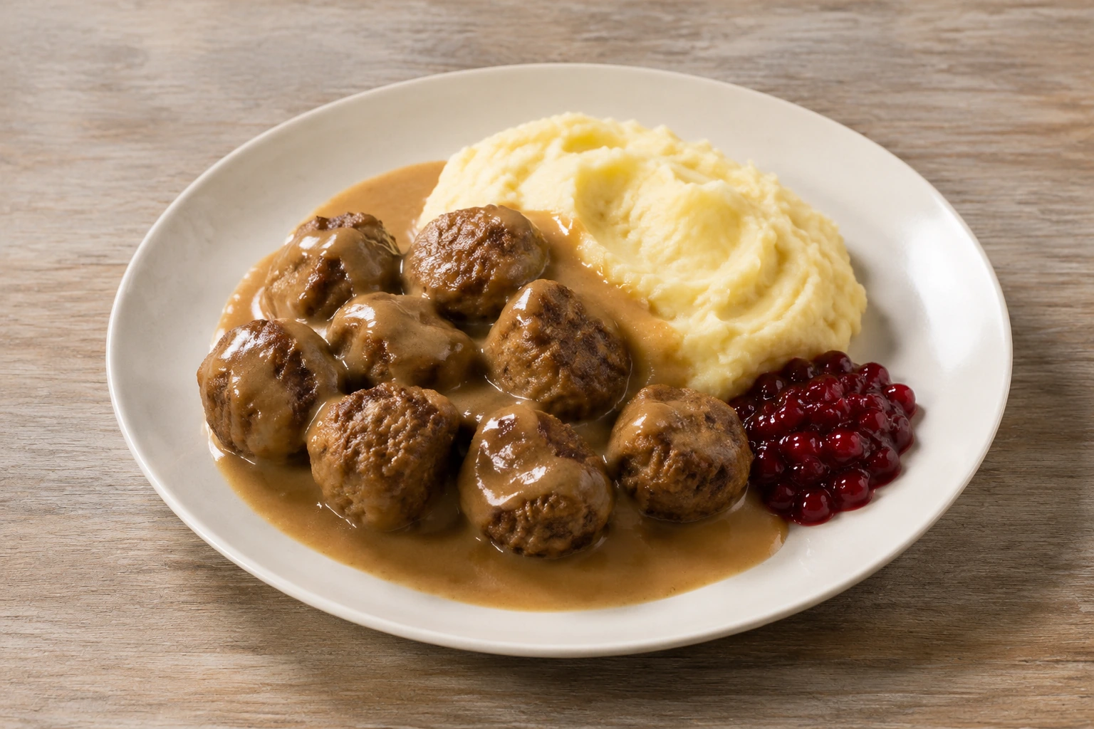 Köttbullar mit Kartoffelpüree und brauner Sauce