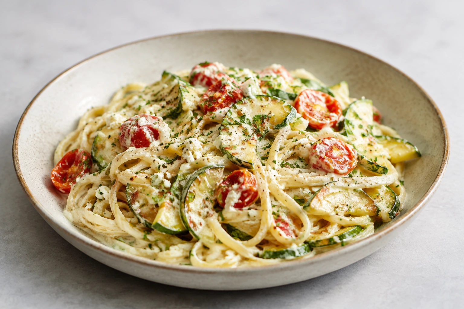 Nudeln mit Zucchini, Kirschtomaten und Feta-Joghurt-Creme