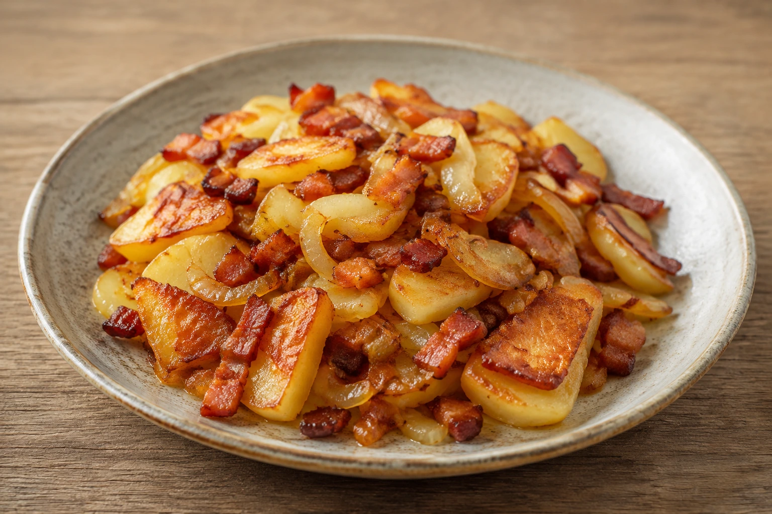 Bratkartoffeln mit Zwiebeln und Räucherspeck