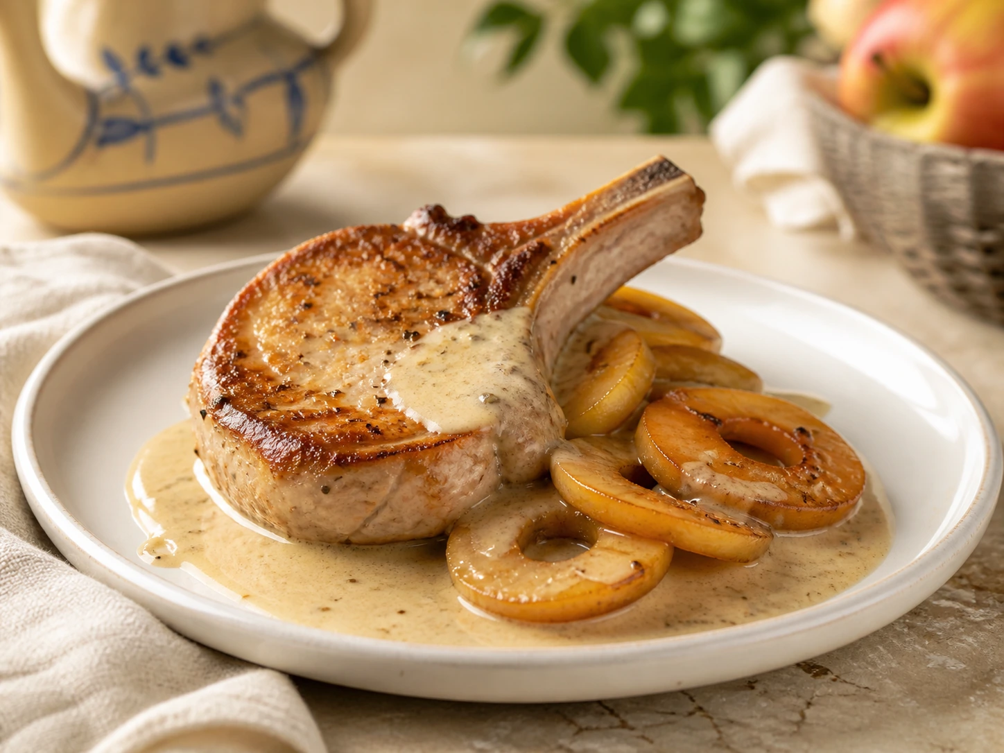 Schweinekotelett mit Apfel-Calvados-Rahm