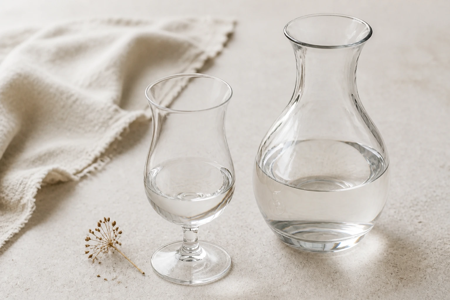 Klarer Aquavit in einer schlichten Glaskaraffe und einem kleinen Stielglas
