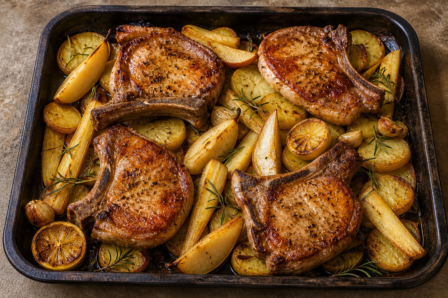 Ofen-Schweinekoteletts mit Rosmarinkartoffeln, Pastinaken und Birnen