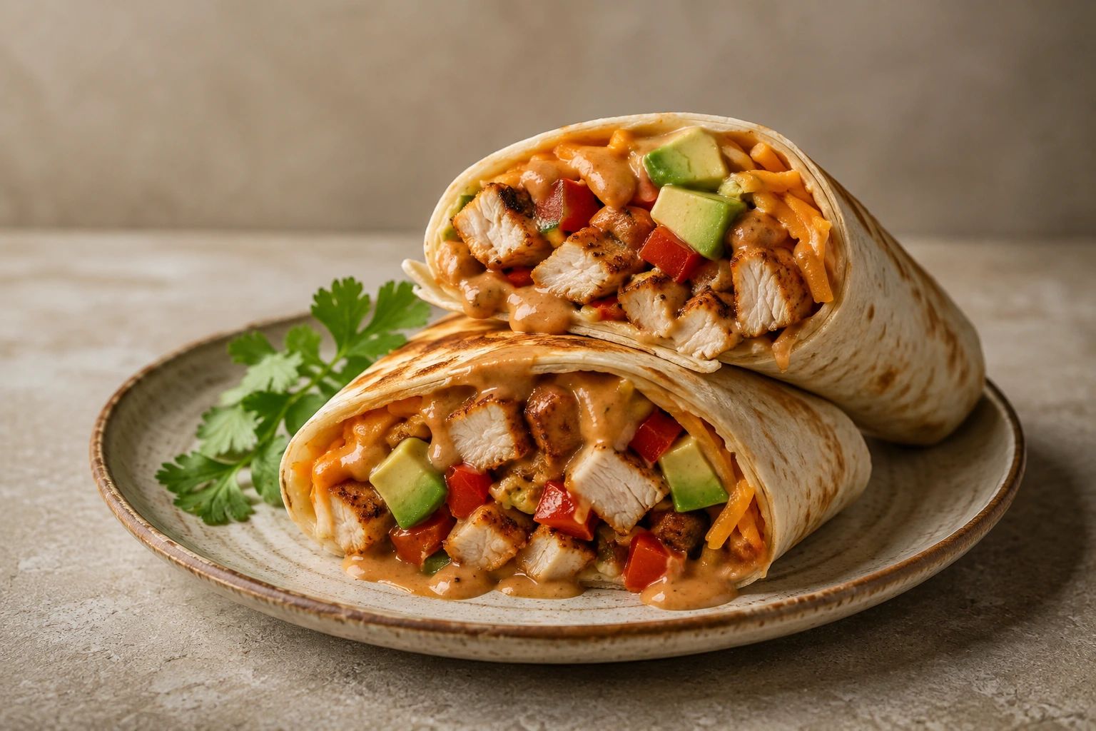 Hähnchen-Avocado-Burritos mit Erdnuss-Sauce