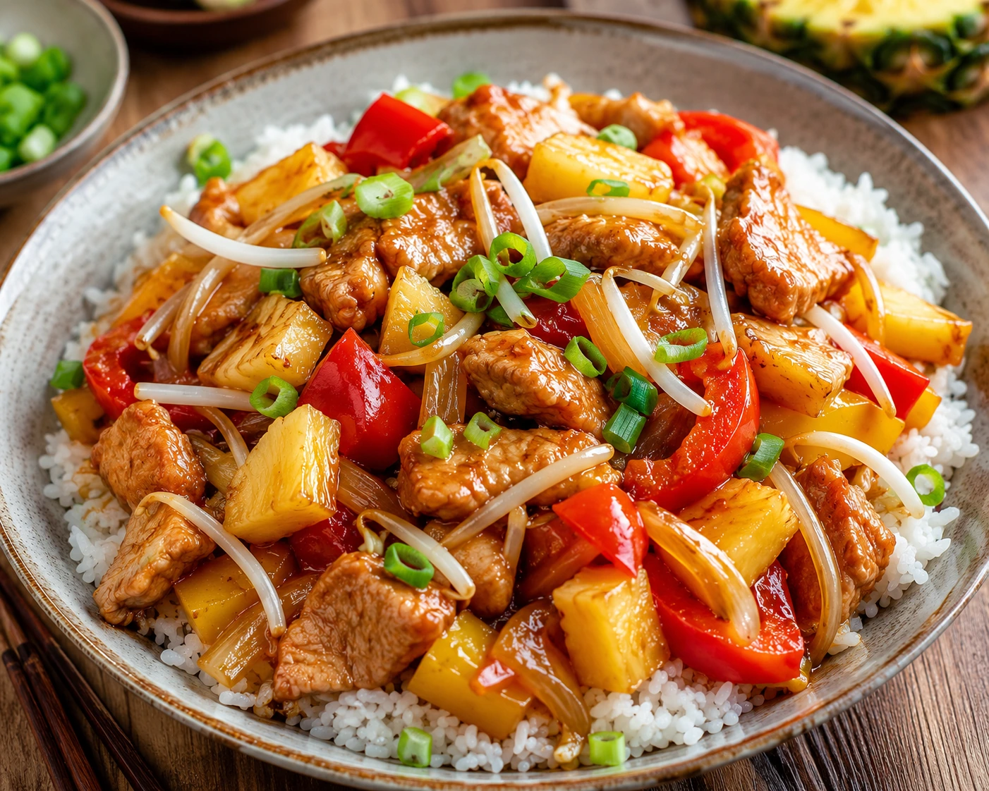 Asiatisches Schweinefleisch süß-sauer mit Ananas und Sprossen