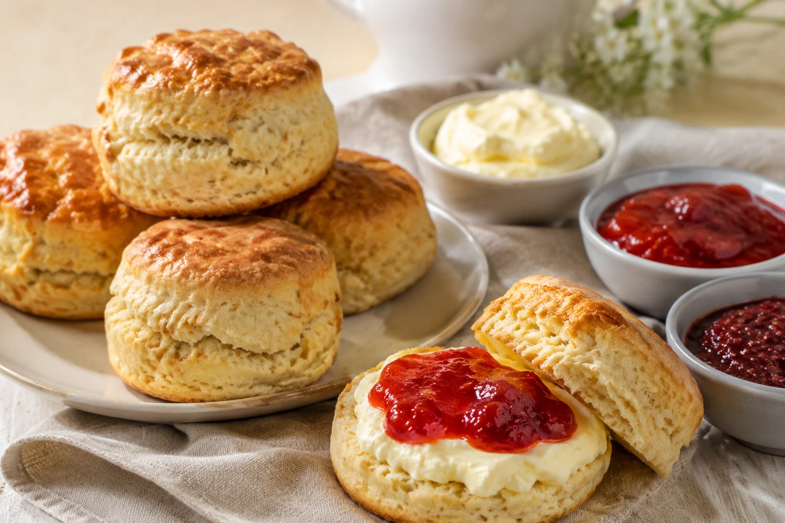 Scones mit Clotted Cream und Konfitüre