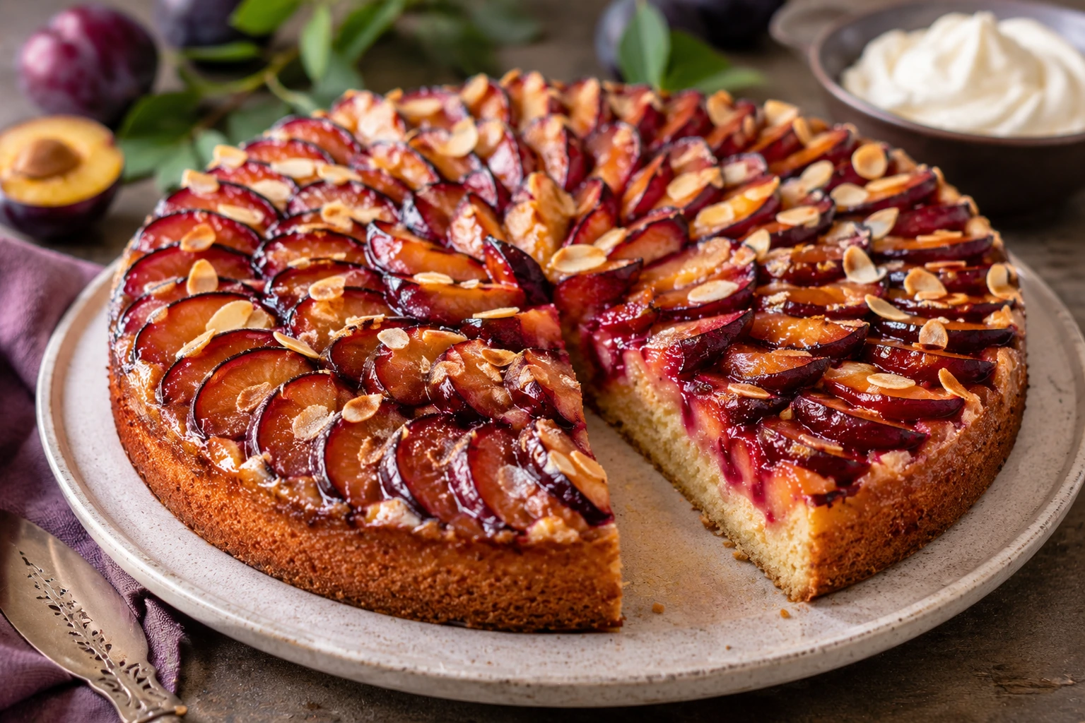 Eleganter Pflaumenkuchen mit Mandelcreme, Vanille und Rum
